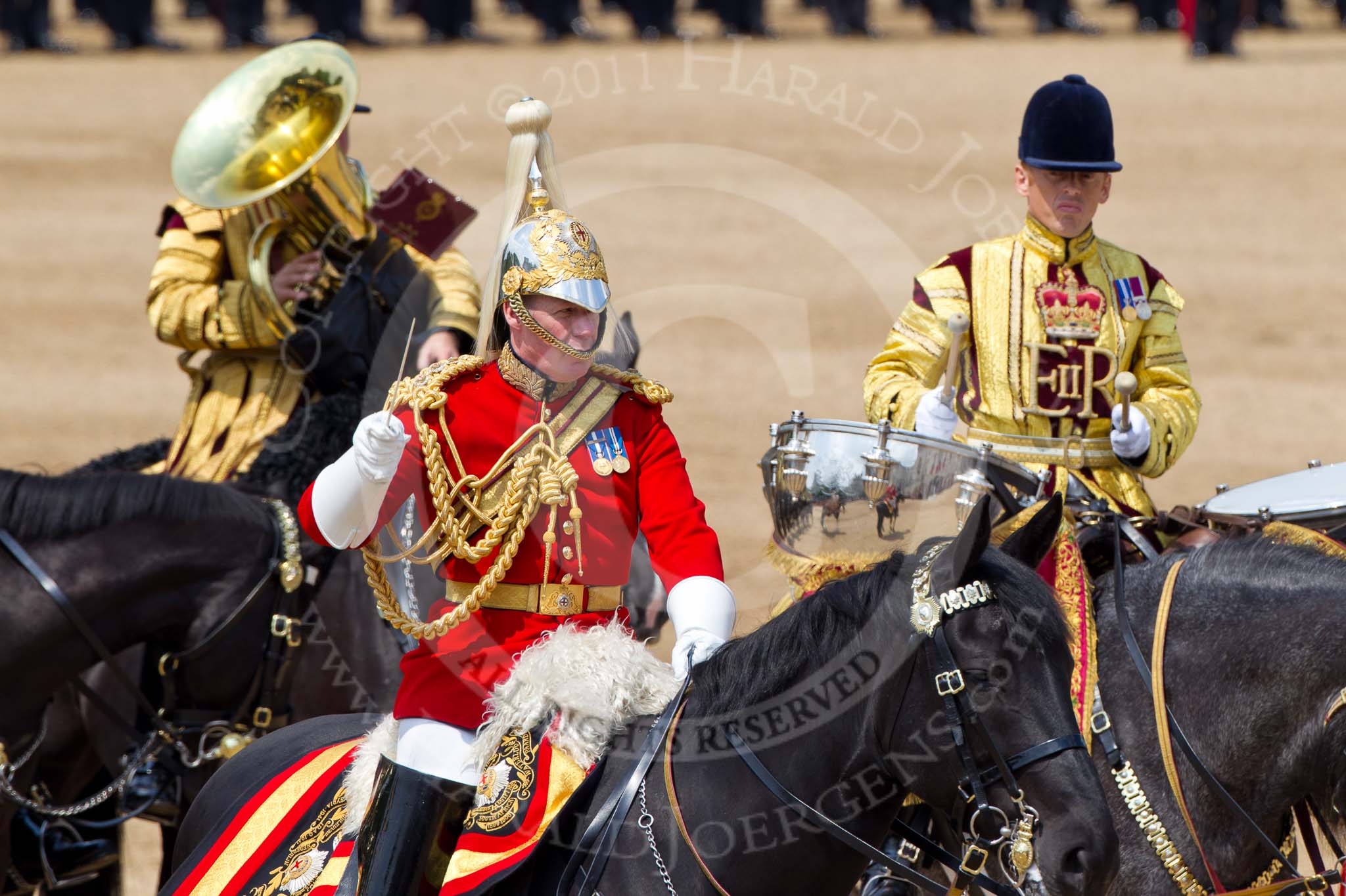 Photo 110611_115737_1D4_4954HaraldJoergens_ Trooping the Colour 2011: The Director of Music, Major K L Davies, The Life Guards, behind him one of the two kettle drummers..
Horse Guards Parade, Westminster,
London SW1,
Greater London,
United Kingdom,
on 11 June 2011 at 11:57, image #354