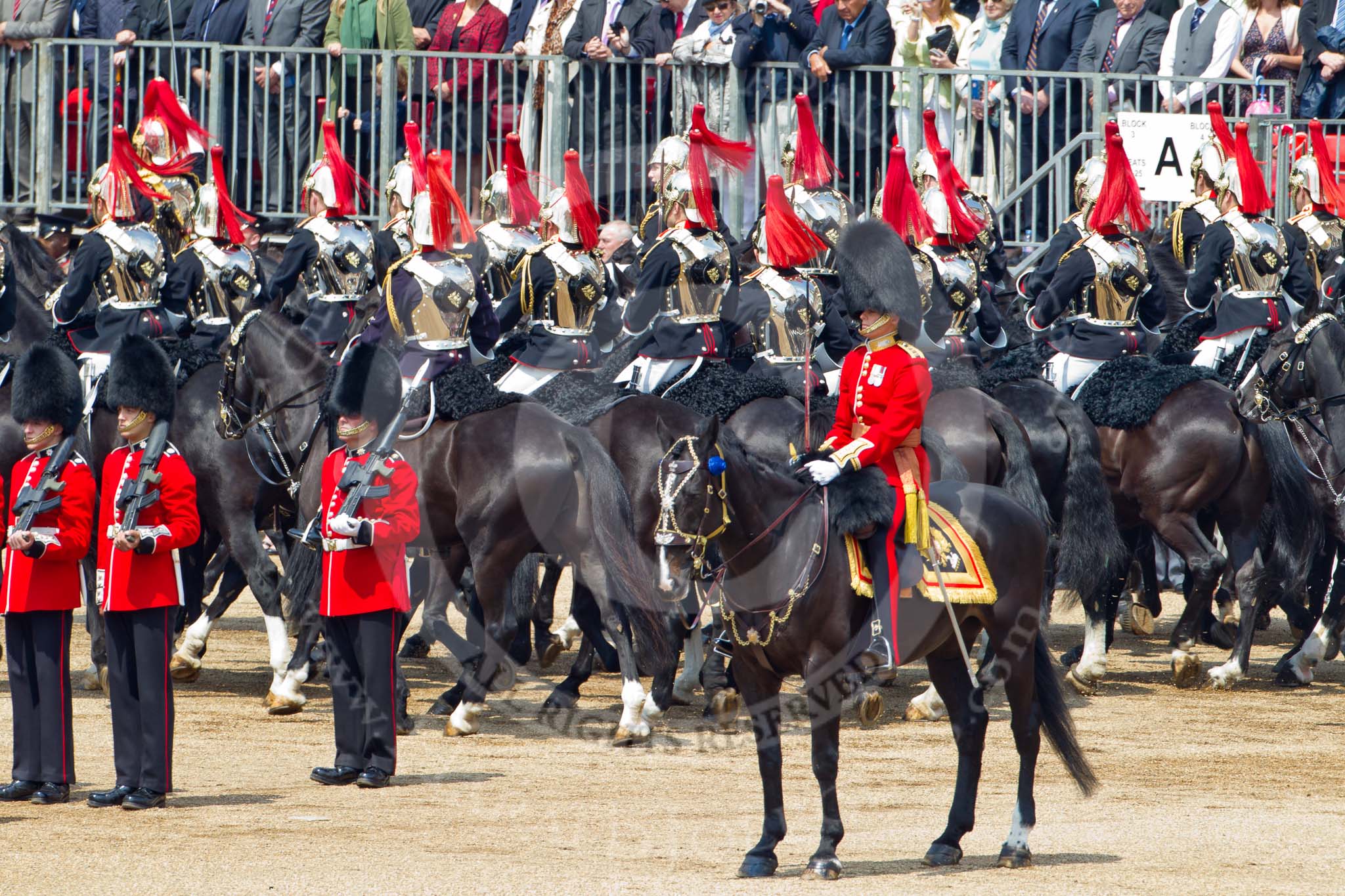 Photo 110611_115749_1D4_4961HaraldJoergens_ Trooping the Colour 2011: Household Cavalry, here The Blues and Royals, during the Ride Past. In front, on the right, the Adjutant of the Parade, Captain Hamish Barne, 1st Battalion Scots Guards..
Horse Guards Parade, Westminster,
London SW1,
Greater London,
United Kingdom,
on 11 June 2011 at 11:57, image #356