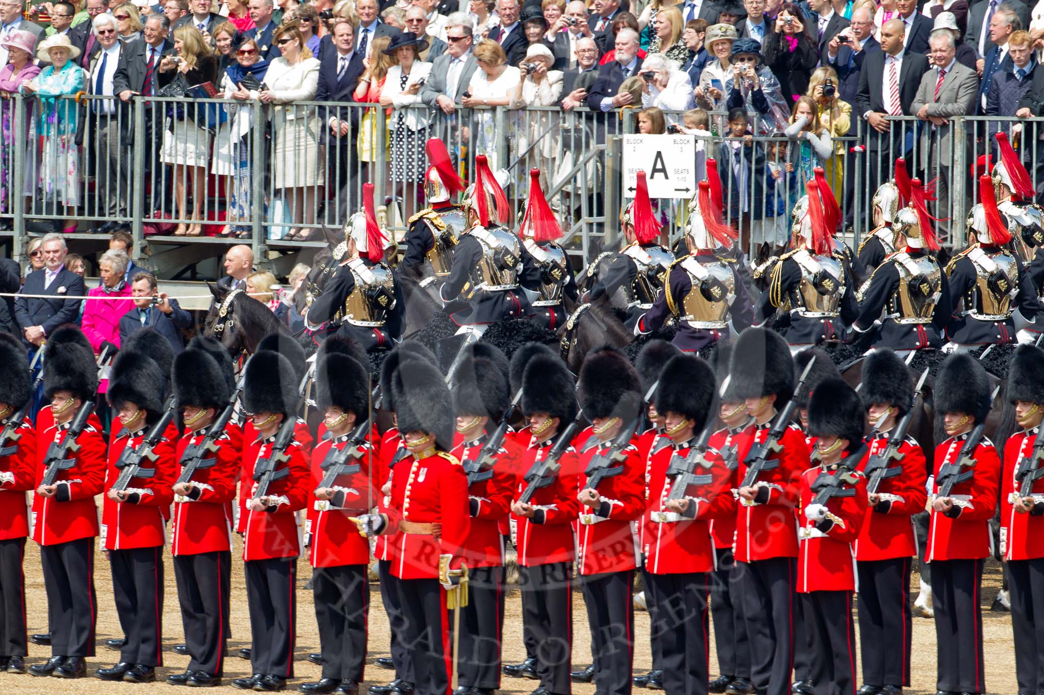 Trooping the Colour 2011: Household Cavalry, here the Blues and Royals, during the Ride Past. Here, they are passing No. 6 Guard, No. 7 Company Coldstream Guards..
Horse Guards Parade, Westminster,
London SW1,
Greater London,
United Kingdom,
on 11 June 2011 at 11:57, image #357