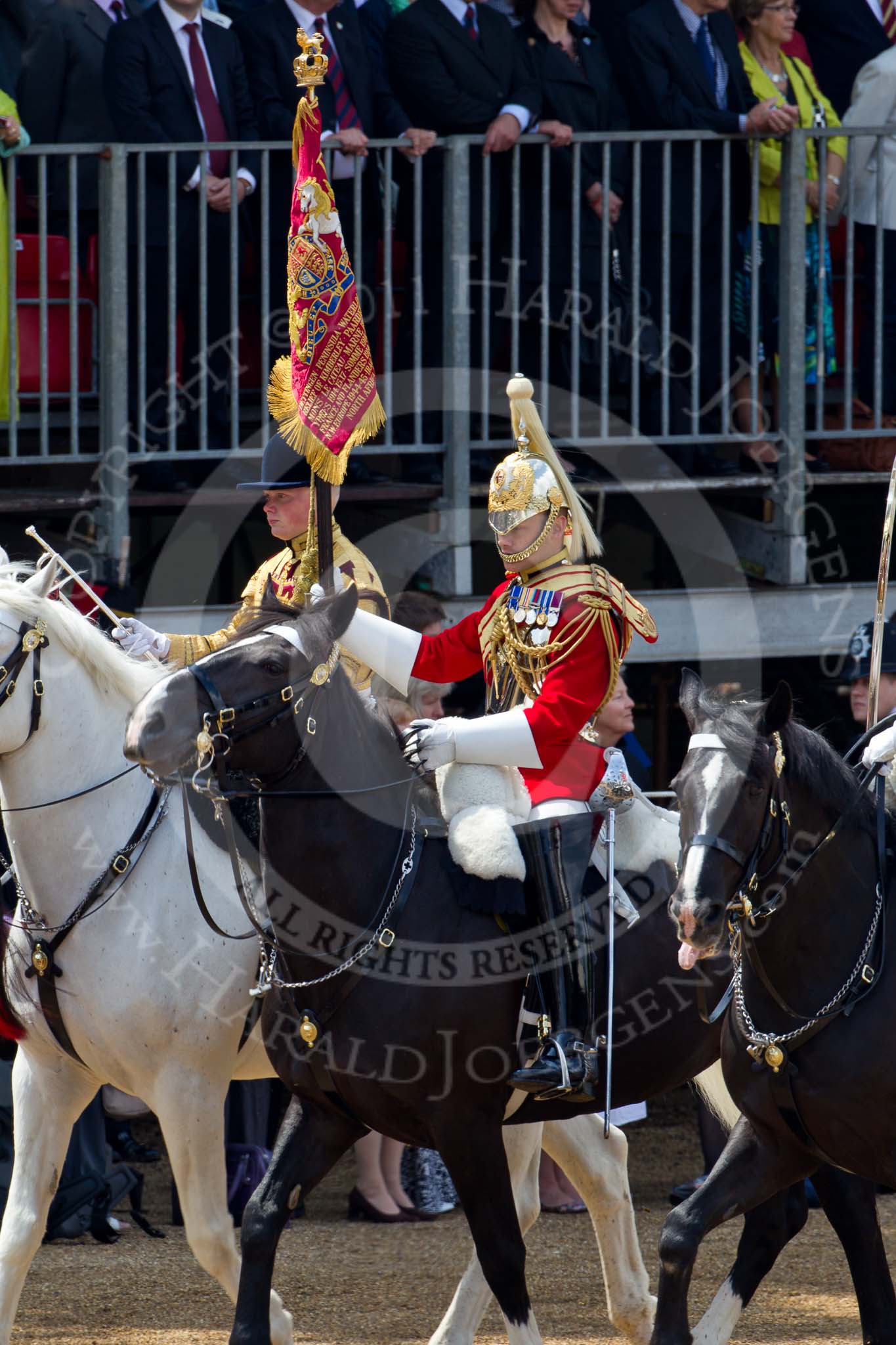 Photo 110611_115834_1D4_4970HaraldJoergens_ Trooping the Colour 2011: The Standard Bearer and Trumpeter, both from the Life Guards, during the Ride Past, close to the end of the parade..
Horse Guards Parade, Westminster,
London SW1,
Greater London,
United Kingdom,
on 11 June 2011 at 11:58, image #359