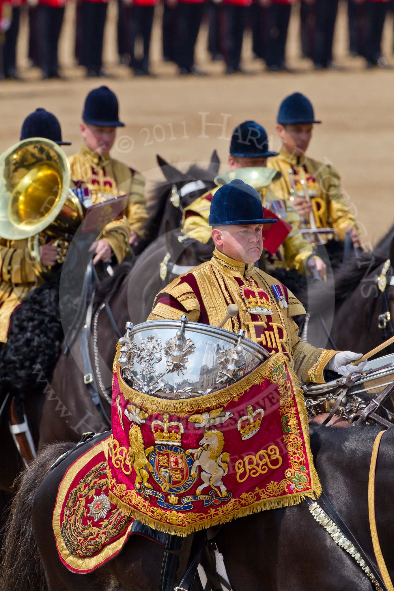 Trooping the Colour 2011: One of the two kettle drummers of the Band of The Life Guards during the Ride Past..
Horse Guards Parade, Westminster,
London SW1,
Greater London,
United Kingdom,
on 11 June 2011 at 12:00, image #369