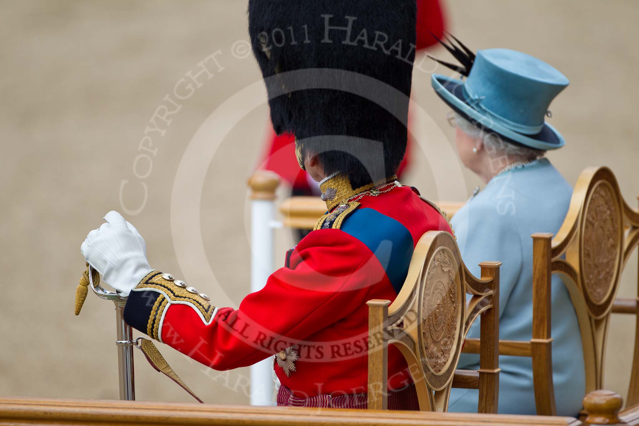 Trooping the Colour 2011: HRH Prince Philip, The Duke of Edinburgh, with HM The Queen on the saluting stand, watching the parade..
Horse Guards Parade, Westminster,
London SW1,
Greater London,
United Kingdom,
on 11 June 2011 at 12:06, image #393