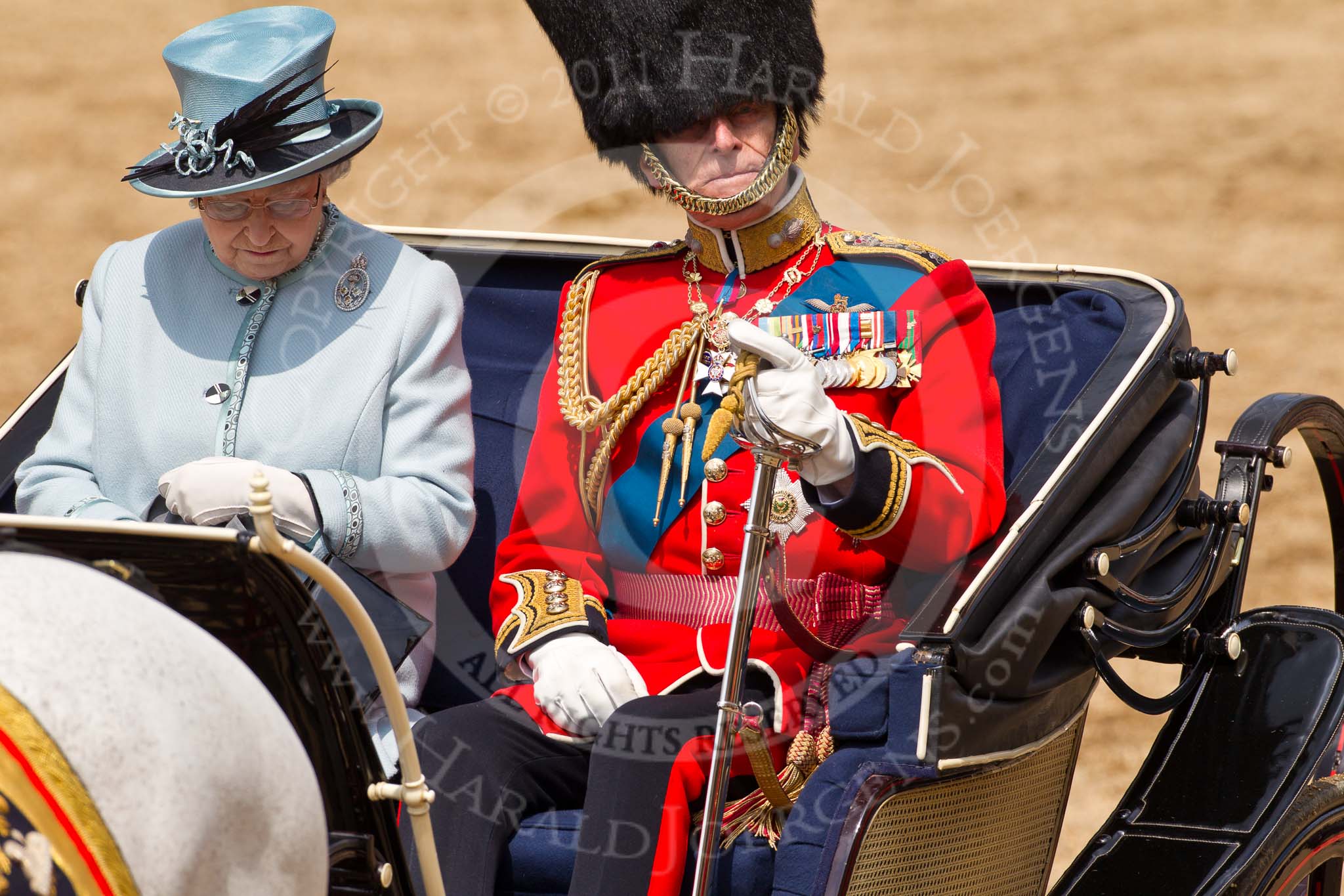 Trooping the Colour 2011: HM The Queen and HRH Prince Philip, The Duke of Edinburgh, HM The Queen back in the ivory mounted phaeton..
Horse Guards Parade, Westminster,
London SW1,
Greater London,
United Kingdom,
on 11 June 2011 at 12:09, image #406