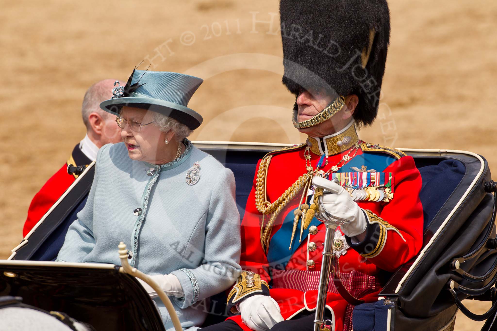 Trooping the Colour 2011: HM The Queen and HRH Prince Philip, The Duke of Edinburgh, HM The Queen back in the ivory mounted phaeton..
Horse Guards Parade, Westminster,
London SW1,
Greater London,
United Kingdom,
on 11 June 2011 at 12:09, image #407