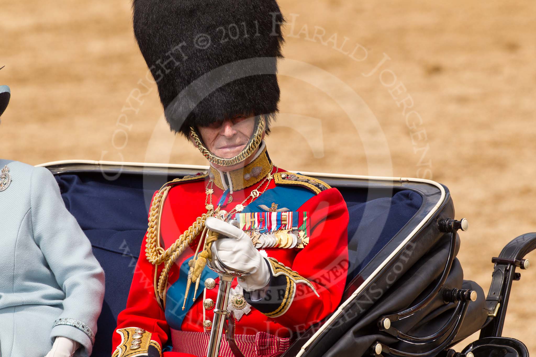 Photo 110611_120937_1D4_5368HaraldJoergens_ Trooping the Colour 2011: Close-up of HRH Prince Philip, The Duke of Edinburgh, sitting in the ivory mounted phaeton at the end of the parade..
Horse Guards Parade, Westminster,
London SW1,
Greater London,
United Kingdom,
on 11 June 2011 at 12:09, image #408
