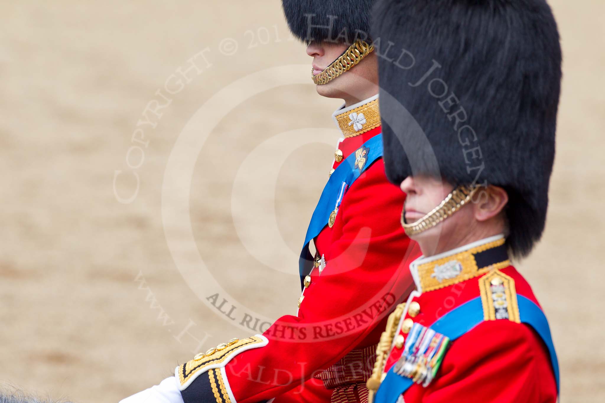 Trooping the Colour 2011: Close-up of HRH Prince William, The Duke of Cambridge, with HRH Prince Edward, the Duke of Kent, in the front (and out of focus)..
Horse Guards Parade, Westminster,
London SW1,
Greater London,
United Kingdom,
on 11 June 2011 at 12:09, image #411