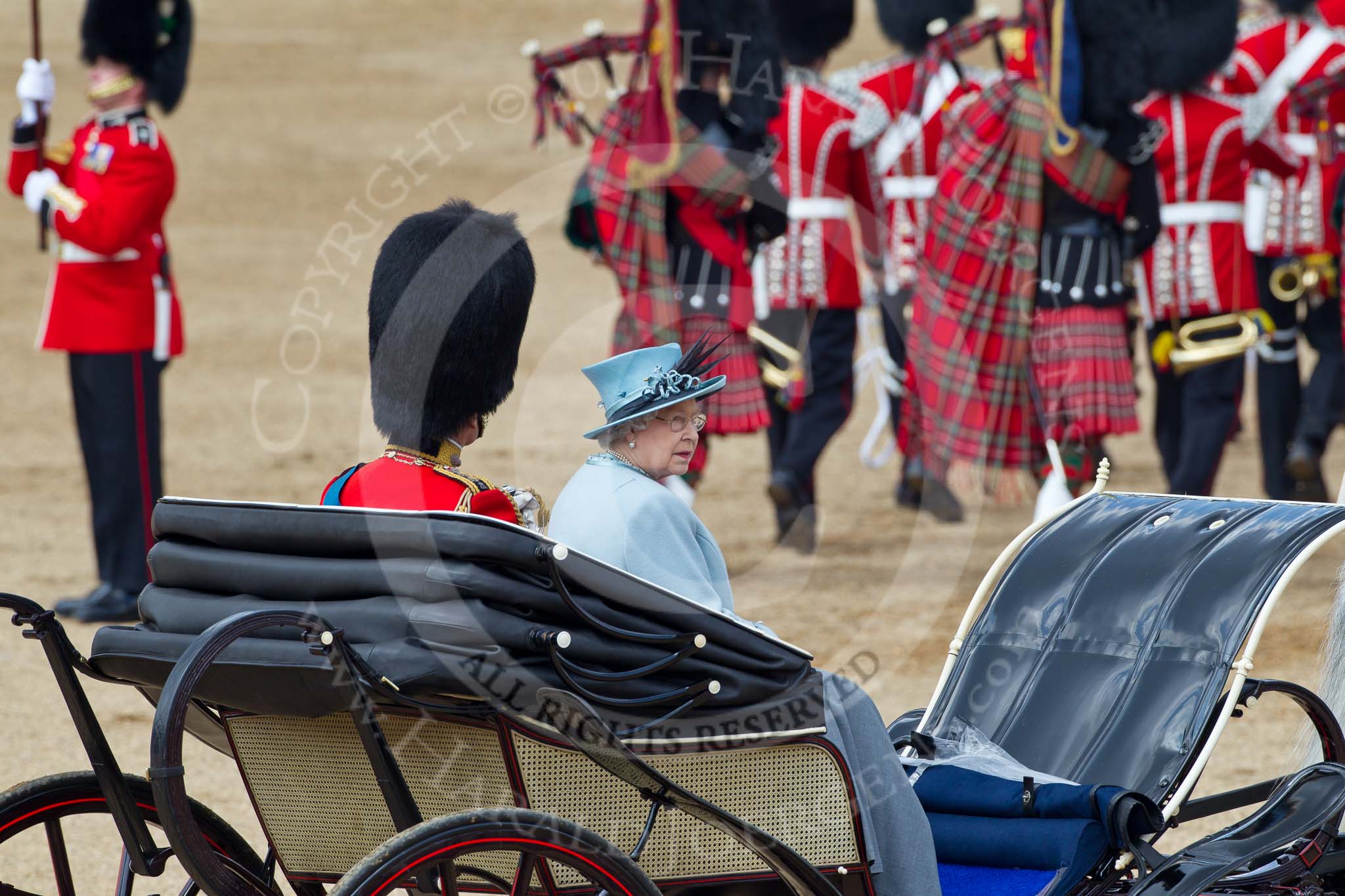 Trooping the Colour 2011: HM The Queen and HRH Prince Philip, The Duke of Edinburgh, in the ivory mounted phaeton, leaving the parade ground..
Horse Guards Parade, Westminster,
London SW1,
Greater London,
United Kingdom,
on 11 June 2011 at 12:10, image #415