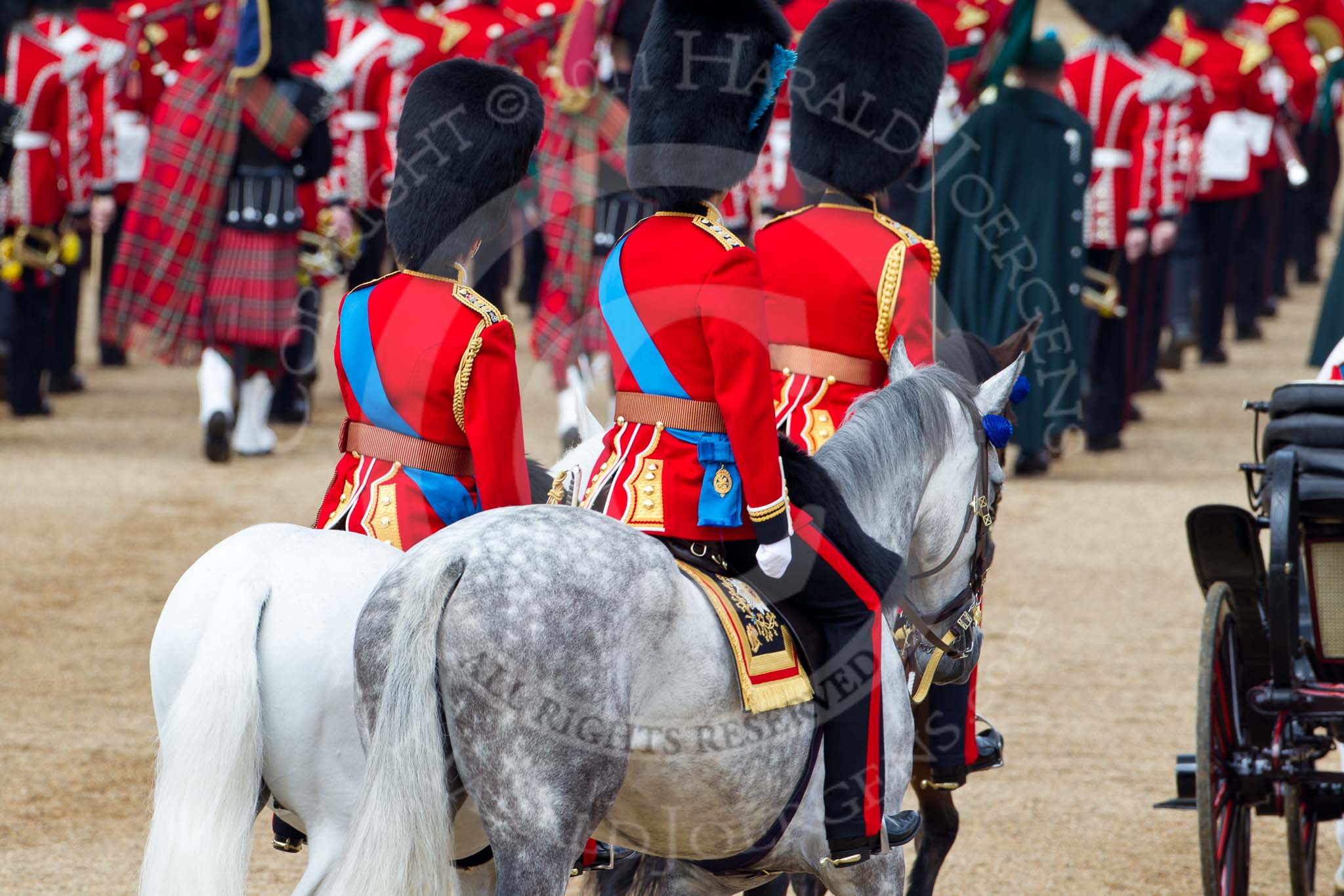 Trooping the Colour 2011: The March Off, the Massed Bands leaving the parade ground, followed by the Royal Procession. Here on the left HRH Prince Edward, the Duke of Kent, Colonel Scots Guards, and next to him HRH Prince William, The Duke of Cambridge, Colonel Irish Guards..
Horse Guards Parade, Westminster,
London SW1,
Greater London,
United Kingdom,
on 11 June 2011 at 12:10, image #418