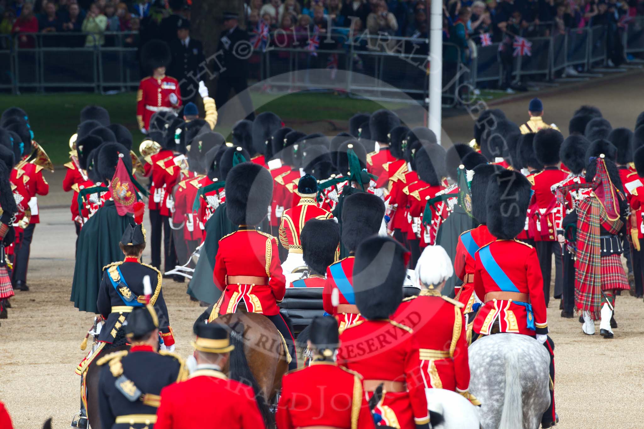 Trooping the Colour 2011: The March Off, the Massed Bands leaving the parade ground, followed by the Royal Procession, leaving Horse Guards Parade towards The Mall..
Horse Guards Parade, Westminster,
London SW1,
Greater London,
United Kingdom,
on 11 June 2011 at 12:11, image #422
