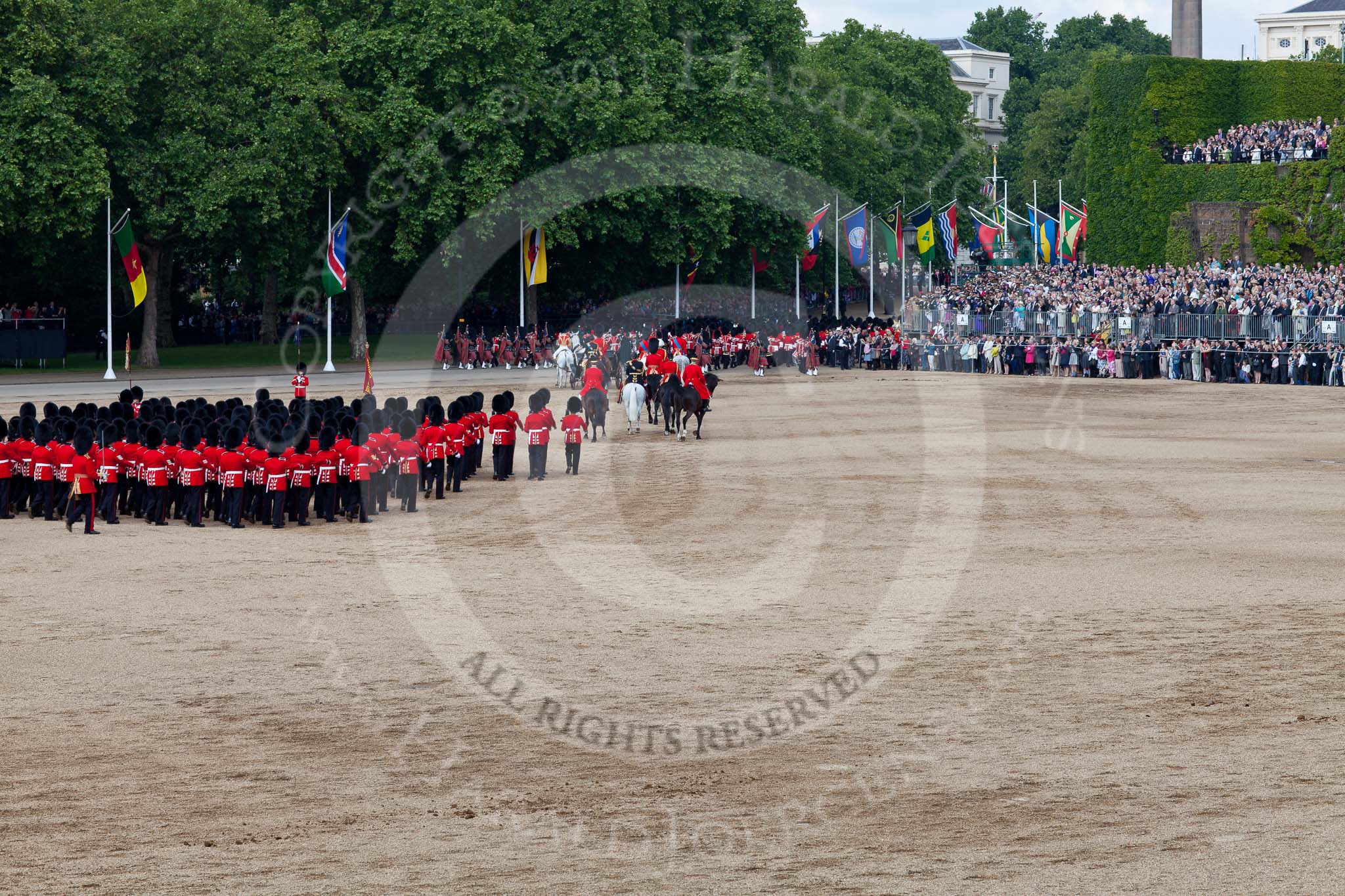Trooping the Colour 2011: The March Off. Following the Massed Bands and the Royal Procession, the six guard divisions are about to leave the parade ground..
Horse Guards Parade, Westminster,
London SW1,
Greater London,
United Kingdom,
on 11 June 2011 at 12:11, image #423