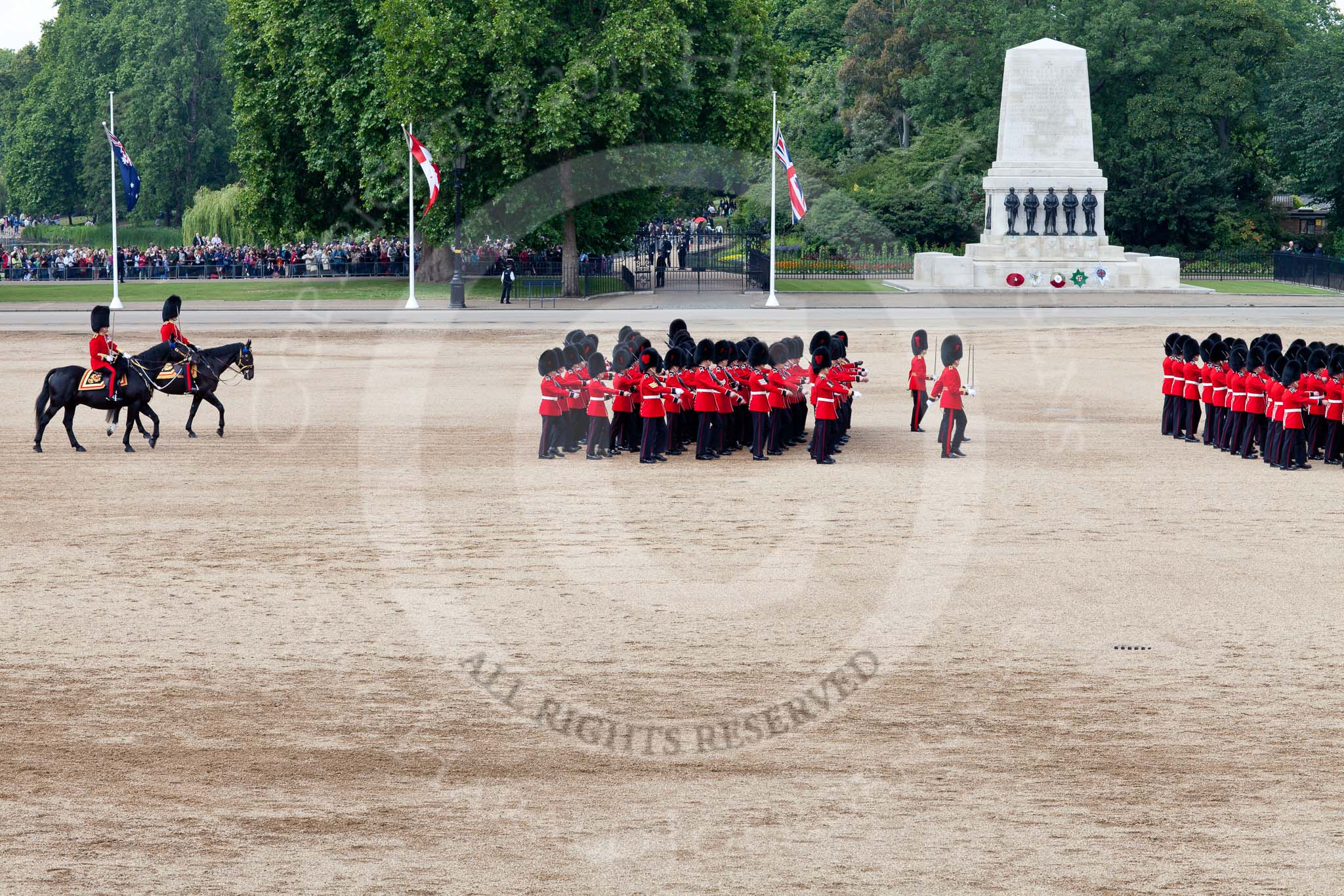 Trooping the Colour 2011: The March Off. The guards divisions leaving Horse Guards Parade, followed, on the very left, the Major of the Parade, Major B P N Ramsay, and the Adjutant of the Parade, Captain H N C Barne..
Horse Guards Parade, Westminster,
London SW1,
Greater London,
United Kingdom,
on 11 June 2011 at 12:11, image #425
