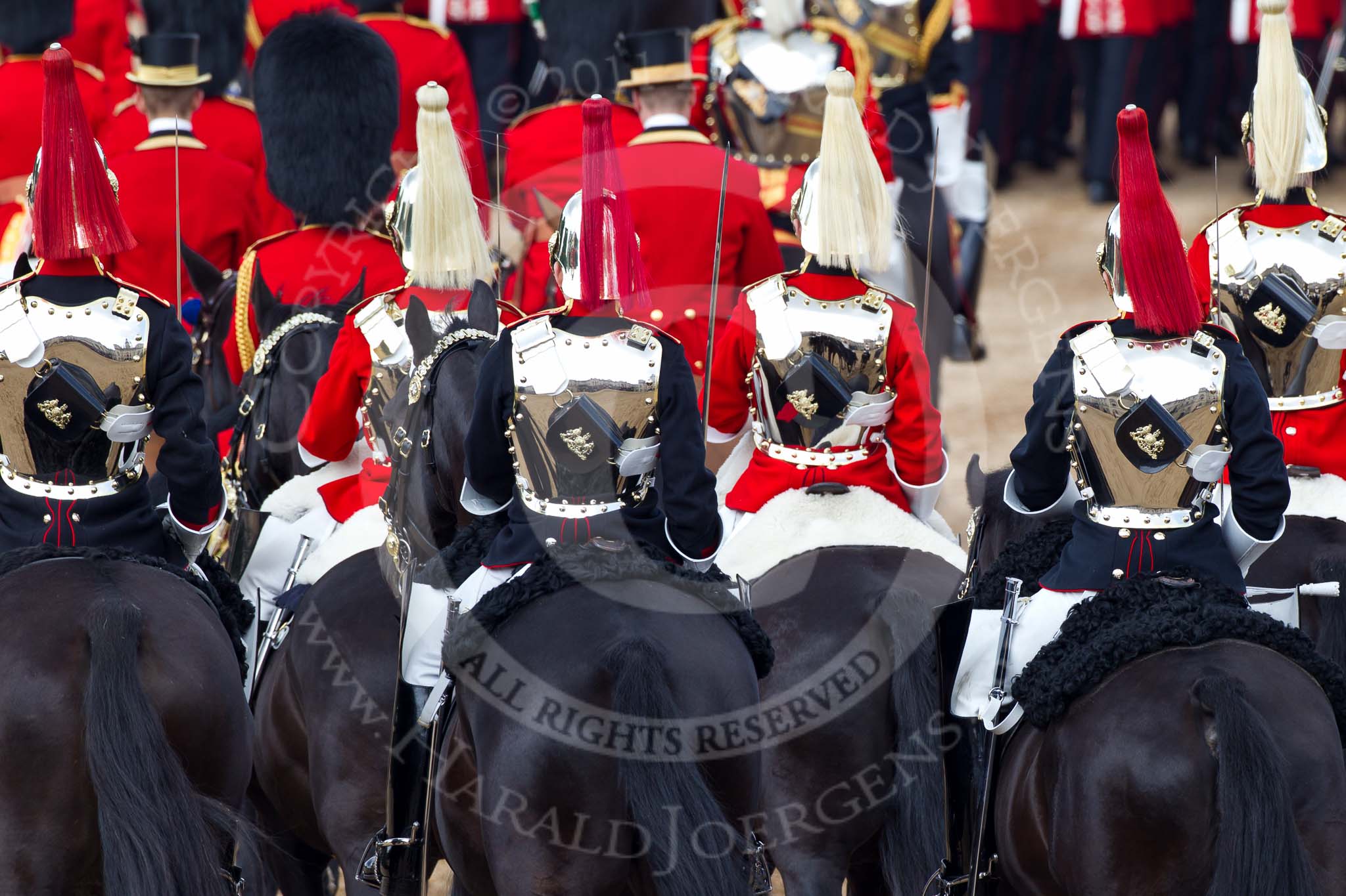Trooping the Colour 2011: The rear part of the Royal Procession, followed by four troopers of The Life guards, and four troppers of The Blues and Royals, leaving Horse Guards Parade towards The Mall at the end of the event..
Horse Guards Parade, Westminster,
London SW1,
Greater London,
United Kingdom,
on 11 June 2011 at 12:12, image #431