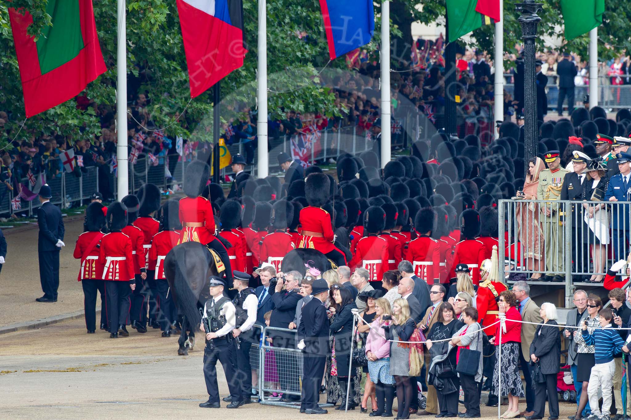 Photo 110611_121320_1D4_5602HaraldJoergens_ Trooping the Colour 2011: The last group of guardsmen to leave te parade ground at the end of the event, No. 6 Guard, No. 7 Company, Coldstream Guards..
Horse Guards Parade, Westminster,
London SW1,
Greater London,
United Kingdom,
on 11 June 2011 at 12:13, image #437