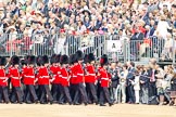 Trooping the Colour 2011: No. 6 Guard, No. 7 Company,  Coldstream Guards, is led into their initial position on the parade ground by Company Sergeant Major D J Cox..
Horse Guards Parade, Westminster,
London SW1,
Greater London,
United Kingdom,
on 11 June 2011 at 10:26, image #31