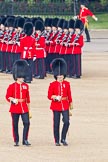 Trooping the Colour 2011: Two Subalterns, a Captain of the Coldstream Guards and a Lieutenant of the Welsh Guards marching past No. 3 Guard, F Company Scots Guards during a short, sharp rain shower..
Horse Guards Parade, Westminster,
London SW1,
Greater London,
United Kingdom,
on 11 June 2011 at 10:30, image #44
