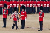 Trooping the Colour 2011: The Colour Party, protetcing the Colour:
Holding the Colour - Colour Sergeat Chris Millin, to his left and right the Sentries, Guardsmen Christopher Weavers and Thomas (?), with the Duty Drummer, holding the colour case, marching off..
Horse Guards Parade, Westminster,
London SW1,
Greater London,
United Kingdom,
on 11 June 2011 at 10:33, image #58