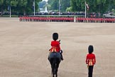 Trooping the Colour 2011: Horse Guards Parade with St. James's Park in the background. 
From the left - No.1 Guard (Escort for the Colour), 1st Battalion Scots Guards,  followed by No. 2 Guard (B Company Scots Guards).
In the foreground the Major of the Parade, Major B P N Ramsay, Welsh Guards..
Horse Guards Parade, Westminster,
London SW1,
Greater London,
United Kingdom,
on 11 June 2011 at 10:37, image #62