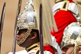 Trooping the Colour 2011: Close-up of a Trooper of the Life Guards following the Brigade Major, leading the Royal Procession.
The reflection in the helmet shows Horse Guards Building..
Horse Guards Parade, Westminster,
London SW1,
Greater London,
United Kingdom,
on 11 June 2011 at 10:58, image #110