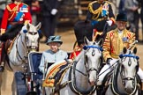 Trooping the Colour 2011: Her Majesty The Queen with Prince Philip on the ivory mounted phaeton, arriving on Horse Guards Parade. In the foreground head coachman Jack Hargreaves, in the background The Princess Royal and The Duke of Kent as two of the Royal Colonels..
Horse Guards Parade, Westminster,
London SW1,
Greater London,
United Kingdom,
on 11 June 2011 at 10:59, image #126