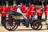 Trooping the Colour 2011: HM The Queen, in the ivory mounted phaeton, during the Inspection of the Line, here No. 2 Guard, B Company Scots Guards..
Horse Guards Parade, Westminster,
London SW1,
Greater London,
United Kingdom,
on 11 June 2011 at 11:03, image #155