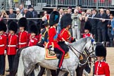 Trooping the Colour 2011: The Royal Colonels: 
HRH Princess Anne, The Princess Royal,  HRH Prince William, The Duke of Cambridge, and his father,  HRH Prince Charles, the Prince of Wales. Behind them HRH Prince Edward, The Duke of Kent. Here, they are passing behind No. 6 Guard, No. 7 Company, Coldstream Guards, during the Inspection of the Line..
Horse Guards Parade, Westminster,
London SW1,
Greater London,
United Kingdom,
on 11 June 2011 at 11:04, image #160