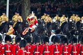 Trooping the Colour 2011: HM The Queen during the inspection of the troops. In charge of the ivory mounted phaeton Jack Hargreaves, Head Coachman. In the front, No. 5 Guard, 1st Battalion Welsh Guards, and in the background the Mounted Bands of the Household Cavalry, with Major K L Davies, The Life Guards, Director of Music, saluting..
Horse Guards Parade, Westminster,
London SW1,
Greater London,
United Kingdom,
on 11 June 2011 at 11:05, image #163