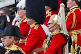 Trooping the Colour 2011: Front left, and out of focus, the Crown Equerry, Colonel W T Browne. Behind him General The Lord Guthrie of Craigiebank.
Next to him, Lieutenant General J J C Bucknall, Colonel Coldstream Guards, and, with the white feathers, Major General Commanding the Household Division, Major General W G Cubitt..
Horse Guards Parade, Westminster,
London SW1,
Greater London,
United Kingdom,
on 11 June 2011 at 11:13, image #186
