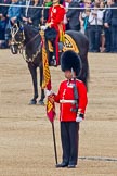 Trooping the Colour 2011: Colour Sergeant Chris Millin, Sergeant of the Escort, about to hand over the Colour..
Horse Guards Parade, Westminster,
London SW1,
Greater London,
United Kingdom,
on 11 June 2011 at 11:19, image #200