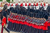 Trooping the Colour 2011: The March Past by the Foot Guards in slow time. Here the Escort to the Colour, No. 2 Guard, B Company Scots Guards, lead my Major H R S Clarke..
Horse Guards Parade, Westminster,
London SW1,
Greater London,
United Kingdom,
on 11 June 2011 at 11:32, image #221