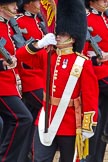 Trooping the Colour 2011: Close-up of the Ensign, Lieutenant Tom Ogilvy, carrying the Colour in his white colour belt..
Horse Guards Parade, Westminster,
London SW1,
Greater London,
United Kingdom,
on 11 June 2011 at 11:35, image #232
