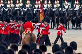 Trooping the Colour 2011: Passing the Field Officer, Lieutenant Colonel Jopp, the Escort to the Colour, 1st Battalion Scots Guards, during the March Past in slow time. Carrying the Colour the Ensign, Tom Ogilvy, to his left Colour Sergeant Chris Millin. In the background the Household Cavalry, here the Blues and Royals..
Horse Guards Parade, Westminster,
London SW1,
Greater London,
United Kingdom,
on 11 June 2011 at 11:50, image #301