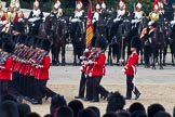 Trooping the Colour 2011: The Escort to the Colour, 1st Battalion Scots Guards, during the March Past in slow time. Carrying the Colour the Ensign, Tom Ogilvy, to his left Colour Sergeant Chris Millin. In the background the Household Cavalry, here the Blues and Royals..
Horse Guards Parade, Westminster,
London SW1,
Greater London,
United Kingdom,
on 11 June 2011 at 11:50, image #302