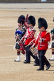 Trooping the Colour 2011: On the left, Pipe Major B Heriot, Scots Guards, with two drummers of the Scots Guards Band and a musicians of the Grenadier Guards..
Horse Guards Parade, Westminster,
London SW1,
Greater London,
United Kingdom,
on 11 June 2011 at 11:53, image #310