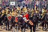 Trooping the Colour 2011: The Mounted Bands of the Household Cavalry moving onto the parade ground.   In red Major K L Davies, The Life Guards, Director of Music, on his right one of the two kettle drummers..
Horse Guards Parade, Westminster,
London SW1,
Greater London,
United Kingdom,
on 11 June 2011 at 11:53, image #315