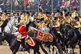 Trooping the Colour 2011: The Mounted Bands of the Household Cavalry moving onto the parade ground.   In red Major K L Davies, The Life Guards, Director of Music, on his right one of the two kettle drummers..
Horse Guards Parade, Westminster,
London SW1,
Greater London,
United Kingdom,
on 11 June 2011 at 11:54, image #317
