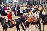 Trooping the Colour 2011: The Mounted Bands of the Household Cavalry moving onto the parade ground.   In red Major K L Davies, The Life Guards, Director of Music, behind him one of the two kettle drummers..
Horse Guards Parade, Westminster,
London SW1,
Greater London,
United Kingdom,
on 11 June 2011 at 11:54, image #318