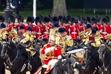 Trooping the Colour 2011: Director of Music,  Major K L Davies, The Life Guards, leading the Mounted Bands of the Household Cavalry . Behind him, one of the two kettle drummers..
Horse Guards Parade, Westminster,
London SW1,
Greater London,
United Kingdom,
on 11 June 2011 at 11:54, image #327