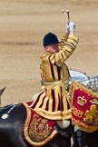 Trooping the Colour 2011: One of the two kettle drummers of the band of the Life Guards, saluting to HM The Queen by crossing his drumsticks..
Horse Guards Parade, Westminster,
London SW1,
Greater London,
United Kingdom,
on 11 June 2011 at 12:00, image #371