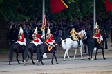 Trooping the Colour 2011: March Off. The Trumpeter, Standard Bearer, and Standard Coverer leaving Horse Guards Parade towards The Mall..
Horse Guards Parade, Westminster,
London SW1,
Greater London,
United Kingdom,
on 11 June 2011 at 12:06, image #388