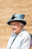 Trooping the Colour 2011: Close-up of HM The Queen at the end of the parade, back in the ivory mounted phaeton, about to leave the parade ground..
Horse Guards Parade, Westminster,
London SW1,
Greater London,
United Kingdom,
on 11 June 2011 at 12:09, image #410