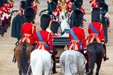 Trooping the Colour 2011: March off, the Massed Bands leaving the parade ground, followed by the Royal Procession. Behind the ivory mounted phaeton, on the left Brigade Major Household Division Lincoln Speed, Scots Guards, on his right HRH Prince Edward, the Duke of Kent, Colonel Scots Guards, and next to him HRH Prince William, The Duke of Cambridge, Colonel Irish Guards. On the right HRH Prince Charles, The Prince of Wales, Colonel Welsh Guards..
Horse Guards Parade, Westminster,
London SW1,
Greater London,
United Kingdom,
on 11 June 2011 at 12:10, image #419