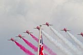 Trooping the Colour 2011: The Red Arrows, displaying red, white, and blue smoke from their Hawk aircraft, during the fly-past over Buckingham Palace..
Horse Guards Parade, Westminster,
London SW1,
Greater London,
United Kingdom,
on 11 June 2011 at 13:03, image #447