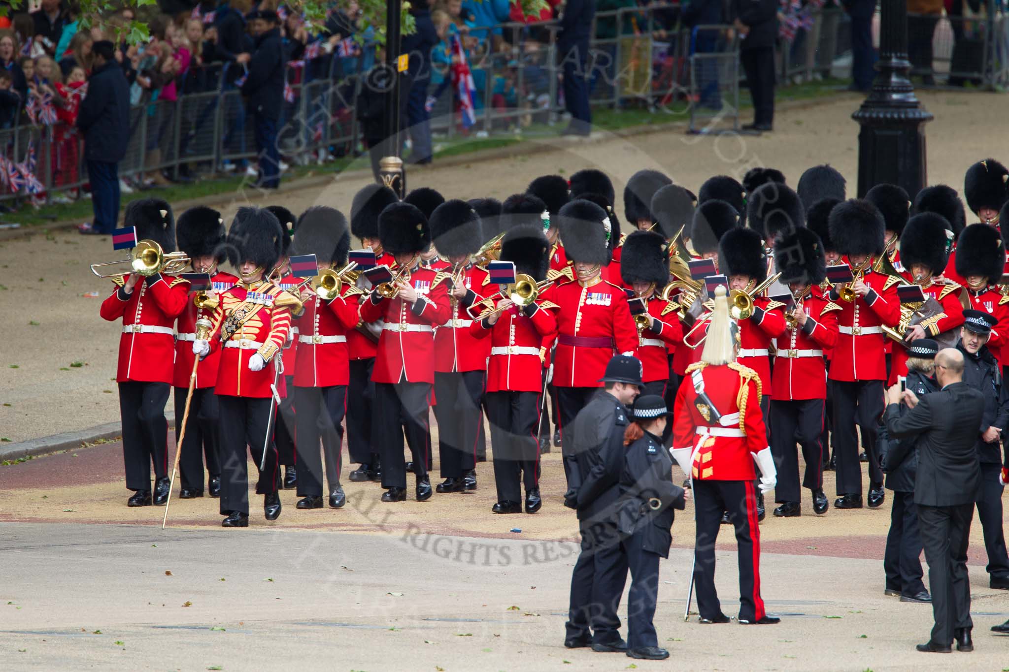 The Colonel's Review 2012: The Band of the Welsh Guards marching from the Mall towards Horse Guards Parade, led by Senior Drum Major M Betts, Grenadier Guards..
Horse Guards Parade, Westminster,
London SW1,

United Kingdom,
on 09 June 2012 at 10:09, image #14