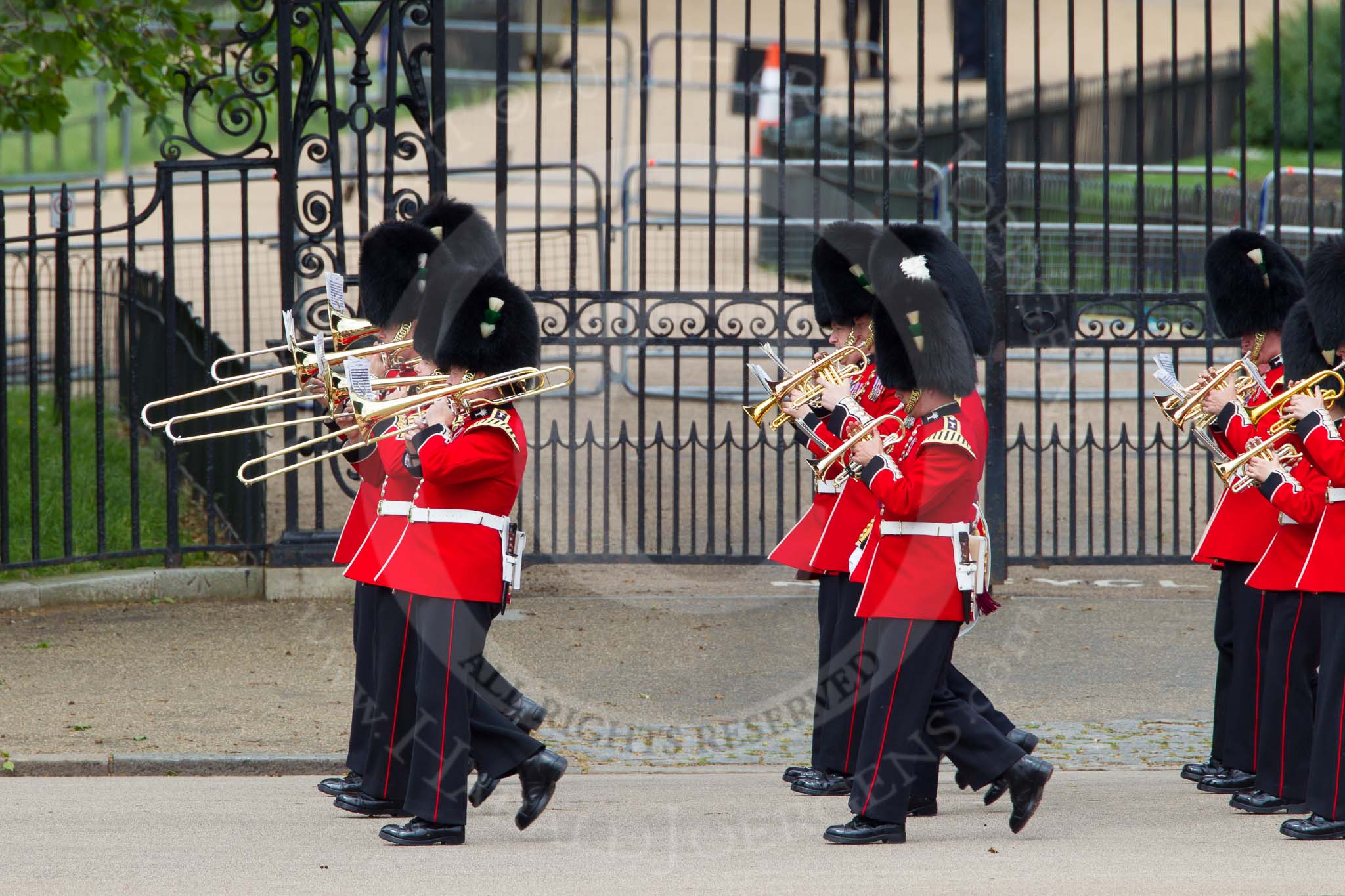 The Colonel's Review 2012: The Band of the Welsh Guards marching along the St James's Park side of Horse Guards Parade, led by Senior Drum Major M Betts, Grenadier Guards..
Horse Guards Parade, Westminster,
London SW1,

United Kingdom,
on 09 June 2012 at 10:11, image #18