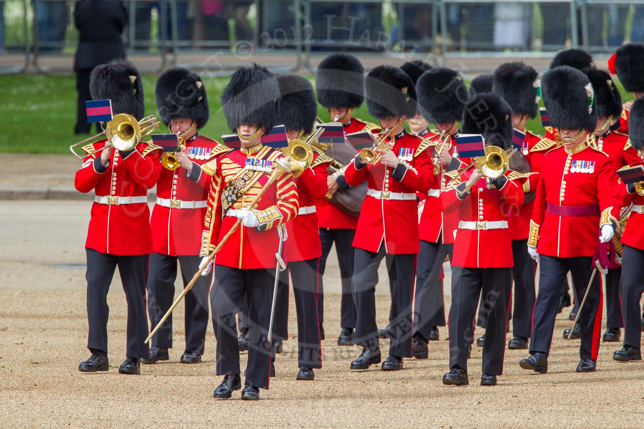The Colonel's Review 2012: Turning towards Horse Guards Paraded as the first of the Massed Bands to arrive  - the Band of the Welsh Guards, led by Senior Drum Major M Betts, Grenadier Guards..
Horse Guards Parade, Westminster,
London SW1,

United Kingdom,
on 09 June 2012 at 10:11, image #20