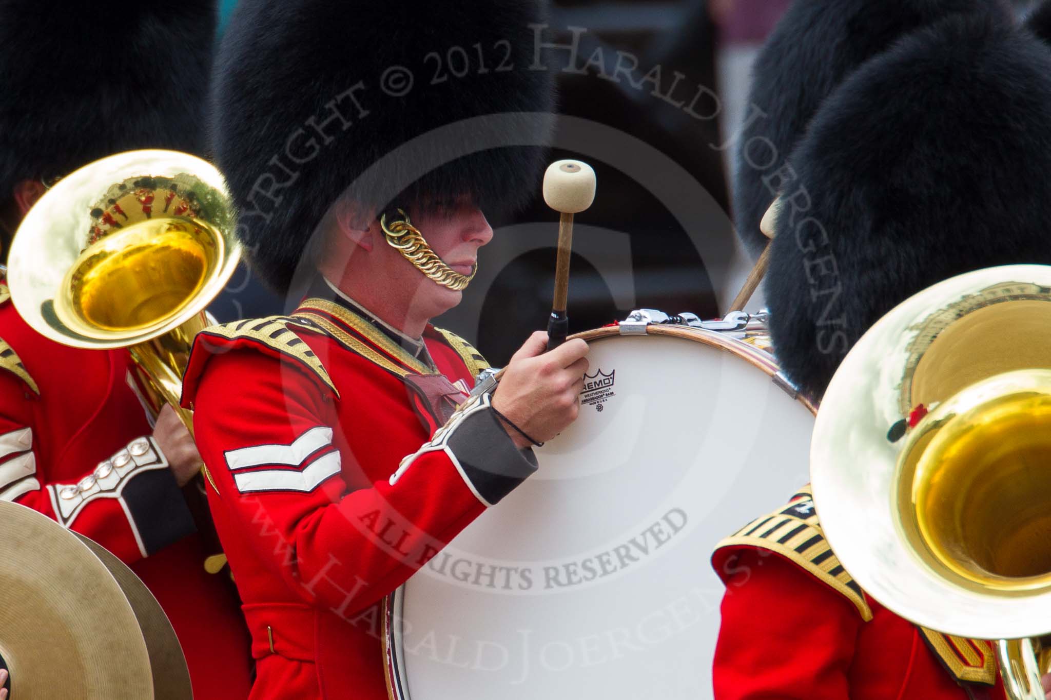 The Colonel's Review 2012: Horse Guards Parade and the Band of the Welsh Guards, best seen in the reflections on the instruments..
Horse Guards Parade, Westminster,
London SW1,

United Kingdom,
on 09 June 2012 at 10:13, image #25