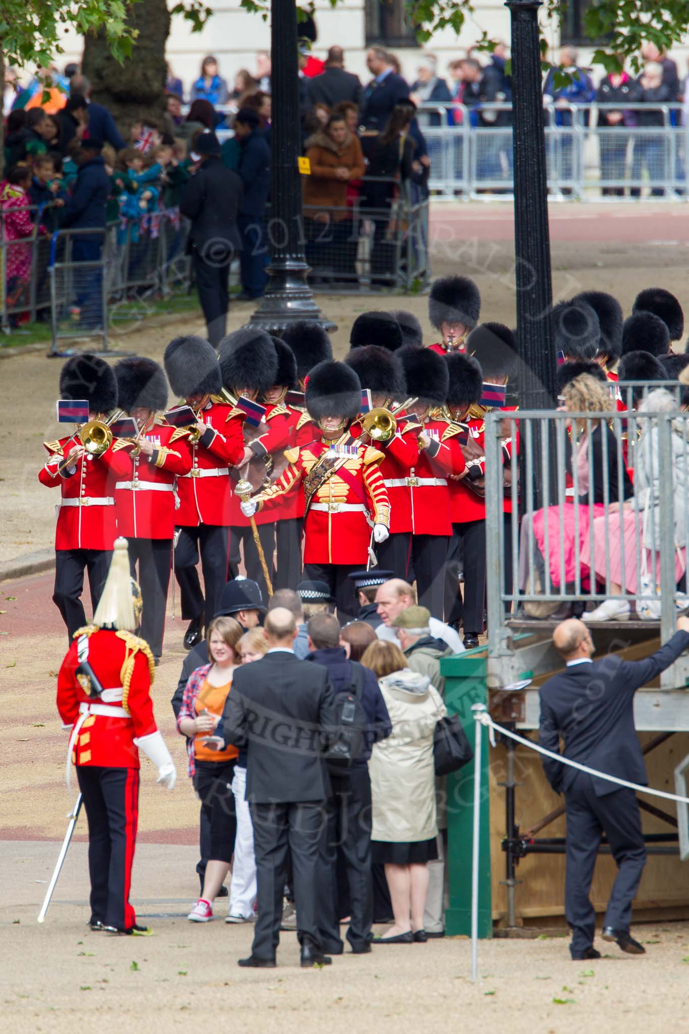 The Colonel's Review 2012: The seconds of the Massed Bands to arrive - the Band of the Scots Guards, led by Drum Major Tony Taylor, No. 7 Company Coldstream Guard..
Horse Guards Parade, Westminster,
London SW1,

United Kingdom,
on 09 June 2012 at 10:13, image #26