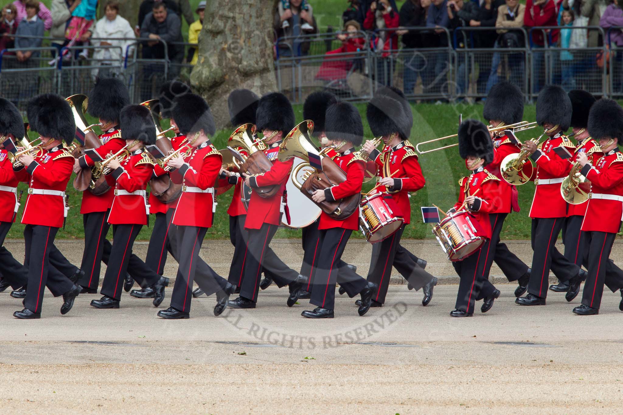 The Colonel's Review 2012: The Band of the Scots Guards arriving at Horse Guards Parade..
Horse Guards Parade, Westminster,
London SW1,

United Kingdom,
on 09 June 2012 at 10:14, image #29