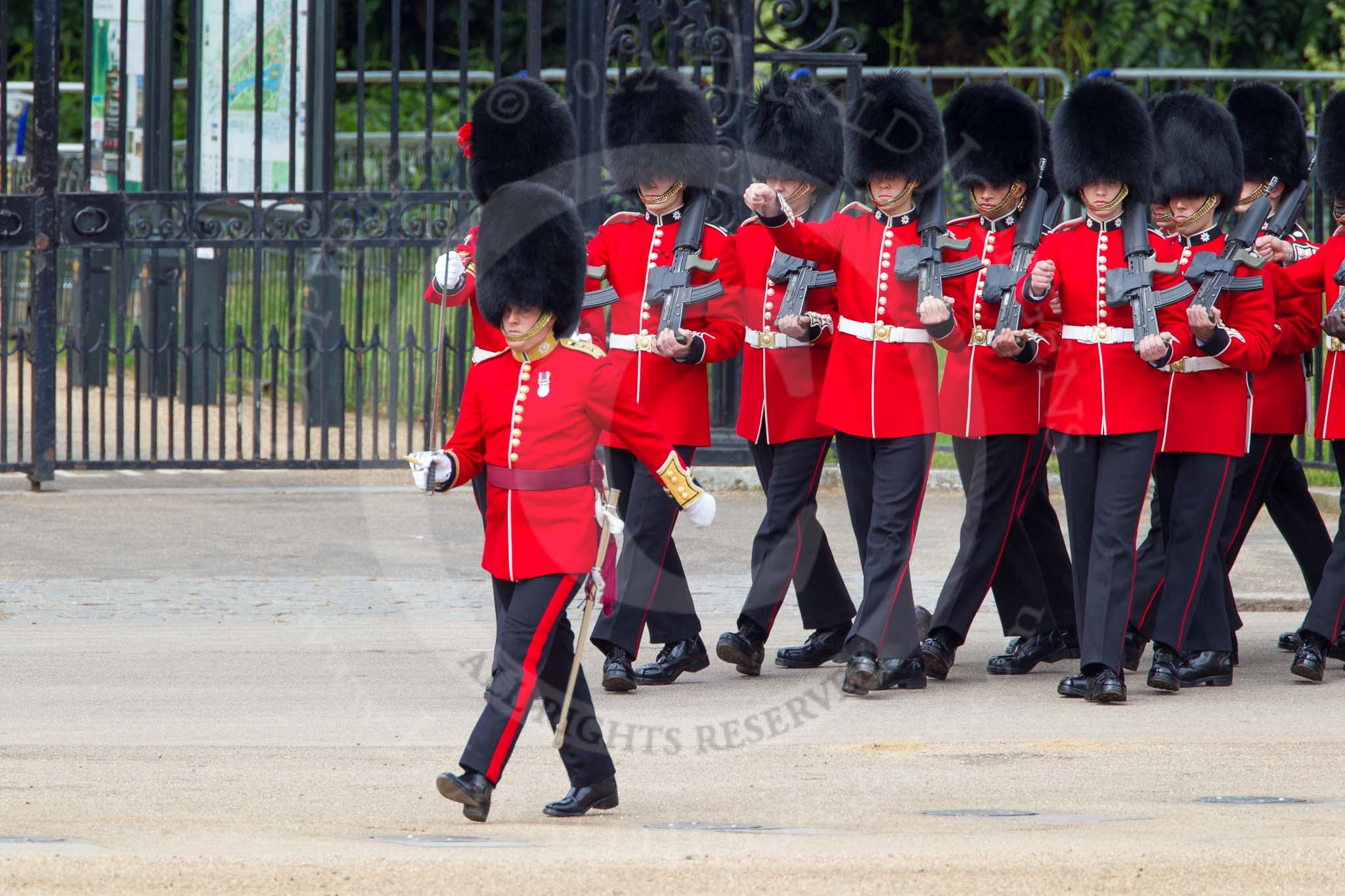 The Colonel's Review 2012: No. 3 Guard (No. 7 Company, Coldstream Guards) getting into position, in front Captain M H Meredith (?)..
Horse Guards Parade, Westminster,
London SW1,

United Kingdom,
on 09 June 2012 at 10:26, image #62
