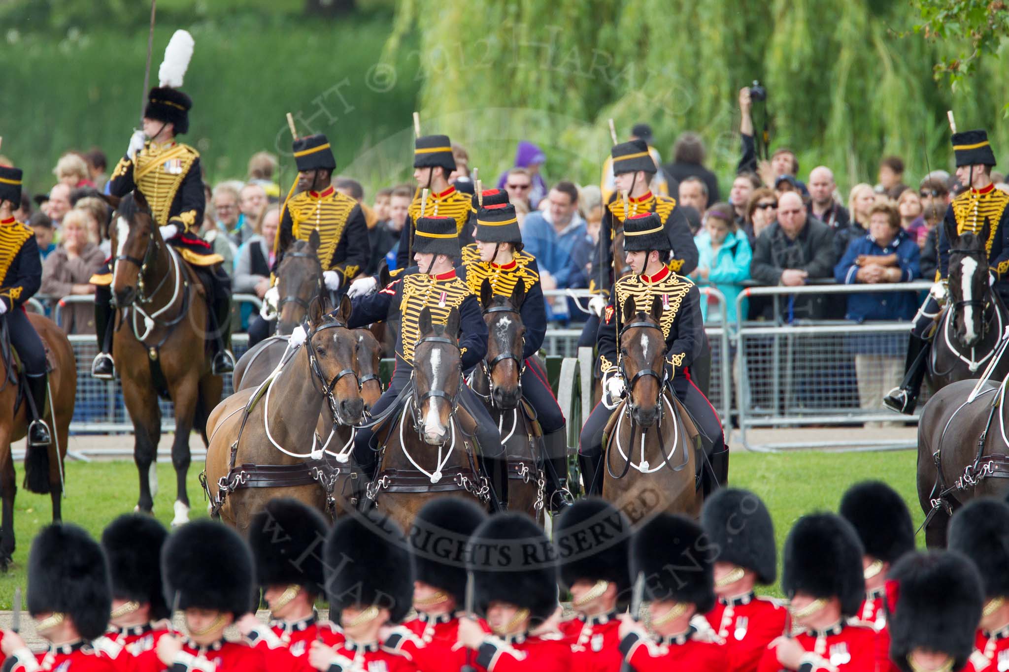 The Colonel's Review 2012: The King's Troop Royal Horse Artillery arriving at the St James's Park side of Horse Guards Parade, behind the lines of guardsmen from No. 1 and No. 2 Guard..
Horse Guards Parade, Westminster,
London SW1,

United Kingdom,
on 09 June 2012 at 10:40, image #106